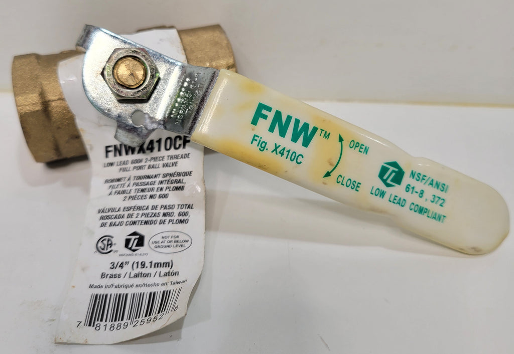 FNW FNWX410CF 3/4" Brass Ball Valve — 600 WOG 2-Piece Threaded Full Port NSF/ANSI 61 & 372